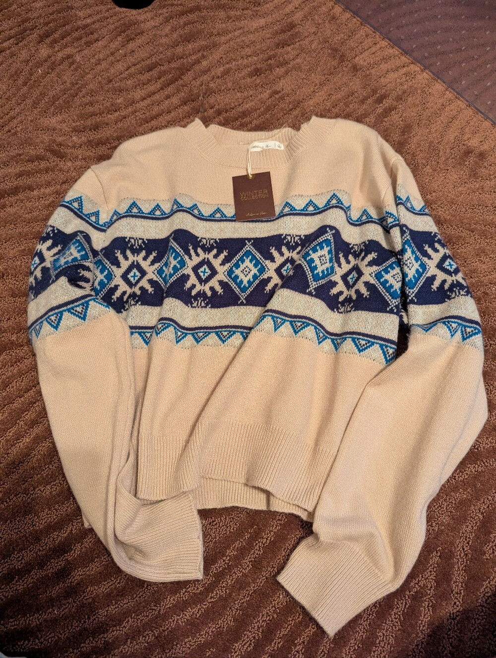 Women's Cream Fair Isle Knit Sweater with Blue Accents NWT